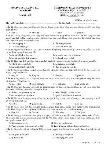 Đề thi khảo sát chất lượng cuối năm Giáo dục công dân Lớp 12 (Đợt 2) - Mã đề: 327 - Năm học 2021-2022 - Sở GD&ĐT Nam Định (Có đáp án)