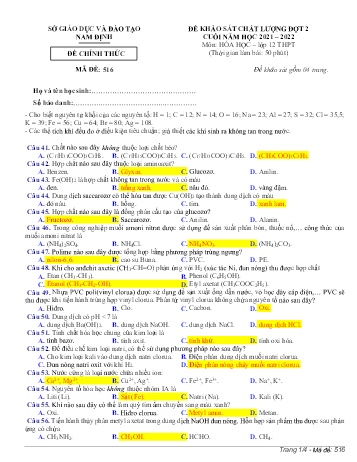 Đề thi khảo sát chất lượng cuối năm Hóa học Lớp 12 (Đợt 2) - Mã đề: 516 - Năm học 2021-2022 - Sở GD&ĐT Nam Định (Có đáp án)