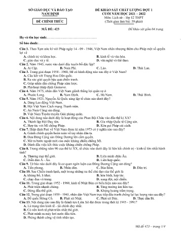 Đề thi khảo sát chất lượng cuối năm Lịch sử Lớp 12 (Đợt 1) - Mã đề: 423 - Năm học 2021-2022 - Sở GD&ĐT Nam Định (Có đáp án)