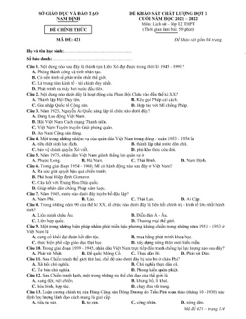 Đề thi khảo sát chất lượng cuối năm Lịch sử Lớp 12 (Đợt 1) - Mã đề: 421 - Năm học 2021-2022 - Sở GD&ĐT Nam Định (Có đáp án)