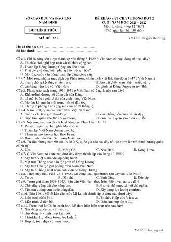 Đề thi khảo sát chất lượng cuối năm Lịch sử Lớp 12 (Đợt 2) - Mã đề: 323 - Năm học 2021-2022 - Sở GD&ĐT Nam Định (Có đáp án)
