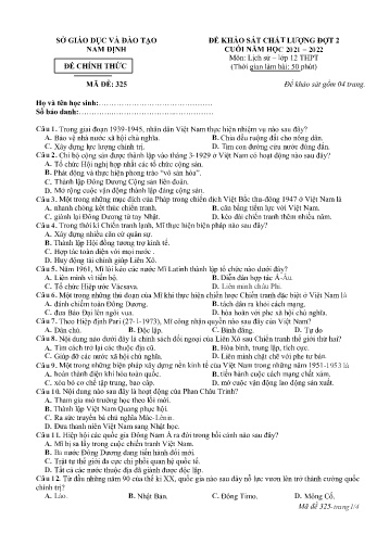 Đề thi khảo sát chất lượng cuối năm Lịch sử Lớp 12 (Đợt 2) - Mã đề: 325 - Năm học 2021-2022 - Sở GD&ĐT Nam Định (Có đáp án)