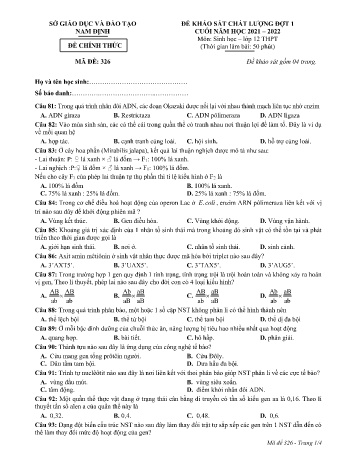 Đề thi khảo sát chất lượng cuối năm Sinh học Lớp 12 (Đợt 1) - Mã đề: 326 - Năm học 2021-2022 - Sở GD&ĐT Nam Định (Có đáp án)