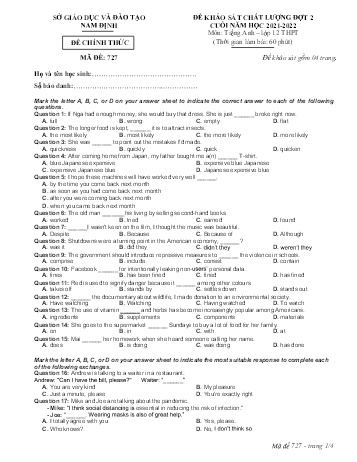Đề thi khảo sát chất lượng cuối năm Tiếng Anh Lớp 12 (Đợt 2) - Mã đề: 727 - Năm học 2021-2022 - Sở GD&ĐT Nam Định (Có đáp án)