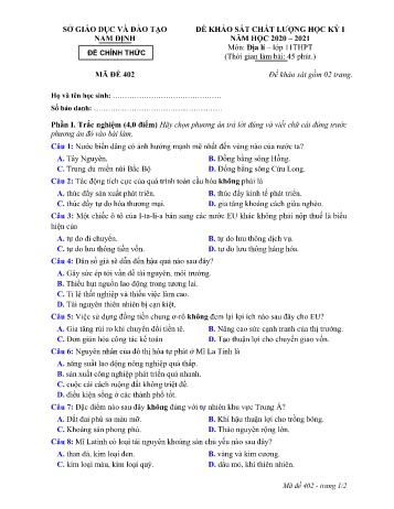 Đề thi khảo sát chất lượng học kì 1 Địa lí Lớp 12 - Mã đề: 402 - Năm học 2020-2021 - Sở GD&ĐT Nam Định (Có đáp án)
