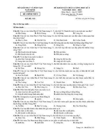 Đề thi khảo sát chất lượng học kì 1 Địa lí Lớp 12 - Mã đề: 515 - Năm học 2022-2023 - Sở GD&ĐT Nam Định (Có ma trận và đáp án) Đề thi khảo sát chất lượng học kì 1 Địa lí Lớp 12 - Mã đề: 515 - Năm học 2022-2023 - Sở GD&ĐT Nam Định (Có ma trận và đáp án)