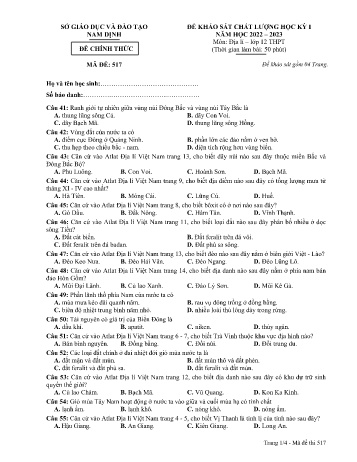 Đề thi khảo sát chất lượng học kì 1 Địa lí Lớp 12 - Mã đề: 517 - Năm học 2022-2023 - Sở GD&ĐT Nam Định (Có ma trận và đáp án)