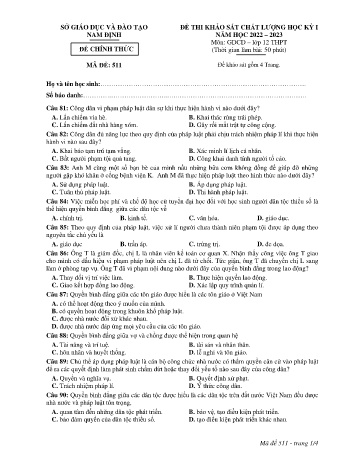 Đề thi khảo sát chất lượng học kì 1 Giáo dục công dân Lớp 12 - Mã đề: 511 - Năm học 2022-2023 - Sở GD&ĐT Nam Định (Có đáp án) Đề thi khảo sát chất lượng học kì 1 Giáo dục công dân Lớp 12 - Mã đề: 511 - Năm học 2022-2023 - Sở GD&ĐT Nam Định (Có đáp án)