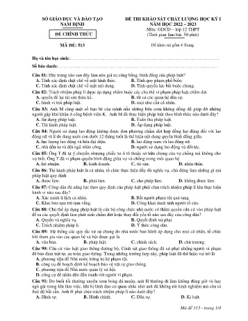 Đề thi khảo sát chất lượng học kì 1 Giáo dục công dân Lớp 12 - Mã đề: 513 - Năm học 2022-2023 - Sở GD&ĐT Nam Định (Có đáp án)