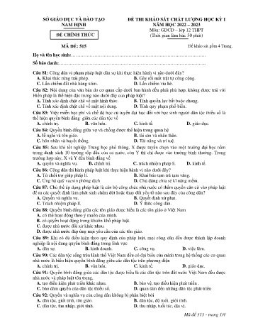 Đề thi khảo sát chất lượng học kì 1 Giáo dục công dân Lớp 12 - Mã đề: 515 - Năm học 2022-2023 - Sở GD&ĐT Nam Định (Có đáp án) Đề thi khảo sát chất lượng học kì 1 Giáo dục công dân Lớp 12 - Mã đề: 515 - Năm học 2022-2023 - Sở GD&ĐT Nam Định (Có đáp án)