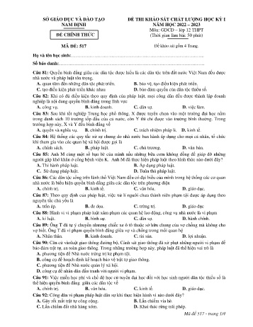 Đề thi khảo sát chất lượng học kì 1 Giáo dục công dân Lớp 12 - Mã đề: 517 - Năm học 2022-2023 - Sở GD&ĐT Nam Định (Có đáp án) Đề thi khảo sát chất lượng học kì 1 Giáo dục công dân Lớp 12 - Mã đề: 517 - Năm học 2022-2023 - Sở GD&ĐT Nam Định (Có đáp án)