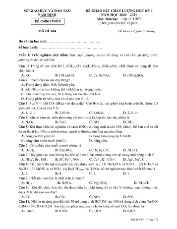 Đề thi khảo sát chất lượng học kì 1 Hóa học Lớp 11 - Mã đề: 604 - Năm học 2020-2021 - Sở GD&ĐT Nam Định (Có đáp án)