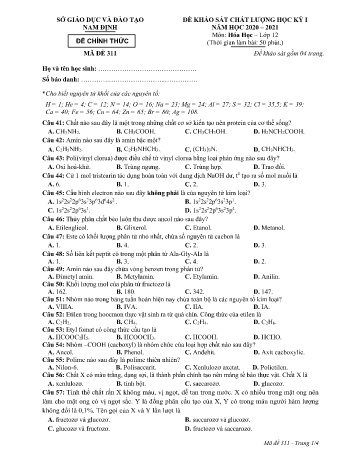 Đề thi khảo sát chất lượng học kì 1 Hóa học Lớp 12 - Mã đề: 311 - Năm học 2020-2021 - Sở GD&ĐT Nam Định (Có đáp án)