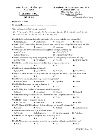Đề thi khảo sát chất lượng học kì 1 Hóa học Lớp 12 - Mã đề: 313 - Năm học 2020-2021 - Sở GD&ĐT Nam Định (Có đáp án)