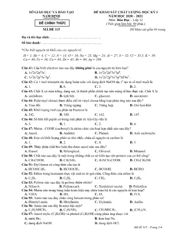 Đề thi khảo sát chất lượng học kì 1 Hóa học Lớp 12 - Mã đề: 315 - Năm học 2020-2021 - Sở GD&ĐT Nam Định (Có đáp án)