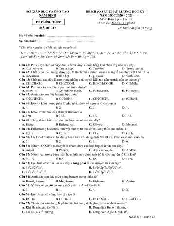 Đề thi khảo sát chất lượng học kì 1 Hóa học Lớp 12 - Mã đề: 317 - Năm học 2020-2021 - Sở GD&ĐT Nam Định (Có đáp án)
