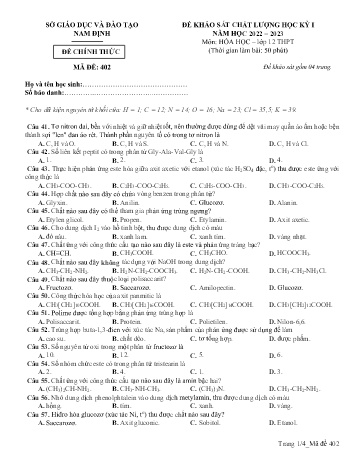 Đề thi khảo sát chất lượng học kì 1 Hóa học Lớp 12 - Mã đề: 402 - Năm học 2022-2023 - Sở GD&ĐT Nam Định (Có đáp án)