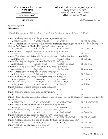 Đề thi khảo sát chất lượng học kì 1 Hóa học Lớp 12 - Mã đề: 408 - Năm học 2022-2023 - Sở GD&ĐT Nam Định (Có đáp án)