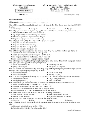 Đề thi khảo sát chất lượng học kì 1 Lịch sử Lớp 12 - Mã đề: 511 - Năm học 2022-2023 - Sở GD&ĐT Nam Định (Có đáp án)