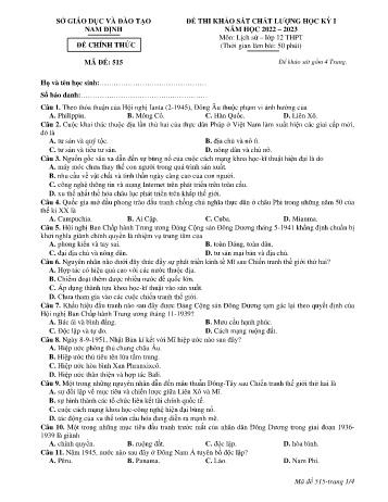 Đề thi khảo sát chất lượng học kì 1 Lịch sử Lớp 12 - Mã đề: 515 - Năm học 2022-2023 - Sở GD&ĐT Nam Định (Có đáp án) Đề thi khảo sát chất lượng học kì 1 Lịch sử Lớp 12 - Mã đề: 515 - Năm học 2022-2023 - Sở GD&ĐT Nam Định (Có đáp án)