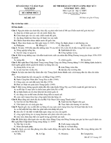 Đề thi khảo sát chất lượng học kì 1 Lịch sử Lớp 12 - Mã đề: 517 - Năm học 2022-2023 - Sở GD&ĐT Nam Định (Có đáp án)