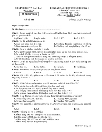 Đề thi khảo sát chất lượng học kì 1 Sinh học Lớp 12 - Mã đề: 313 - Năm học 2020-2021 - Sở GD&ĐT Nam Định (Có đáp án)