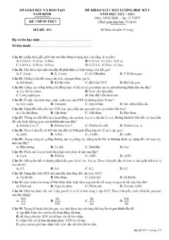 Đề thi khảo sát chất lượng học kì 1 Sinh học Lớp 12 - Mã đề: 404 - Năm học 2022-2023 - Sở GD&ĐT Nam Định (Có đáp án)