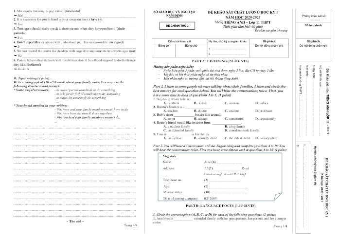 Đề thi khảo sát chất lượng học kì 1 Tiếng Anh Lớp 11 - Năm học 2020-2021 - Sở GD&ĐT Nam Định (Có file nghe và đáp án)