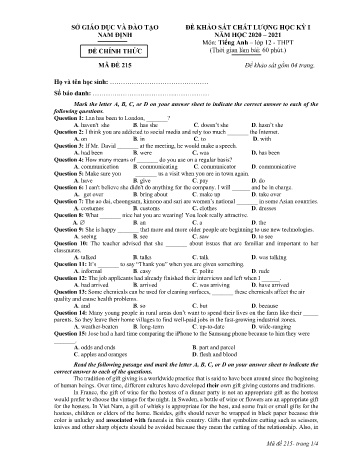 Đề thi khảo sát chất lượng học kì 1 Tiếng Anh Lớp 12 - Mã đề: 215 - Năm học 2020-2021 - Sở GD&ĐT Nam Định (Có đáp án)