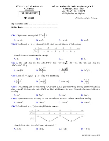 Đề thi khảo sát chất lượng học kì 1 Toán Lớp 12 - Mã đề: 208 - Năm học 2022-2023 - Sở GD&ĐT Nam Định (Có đáp án)