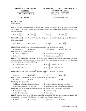 Đề thi khảo sát chất lượng học kì 1 Vật lí Lớp 12 - Mã đề: 408 - Năm học 2022-2023 - Sở GD&ĐT Nam Định (Có đáp án)