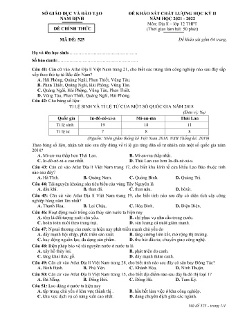 Đề thi khảo sát chất lượng học kì 2 Địa lí Lớp 12 - Mã đề: 525 - Năm học 2021-2022 - Sở GD&ĐT Nam Định (Có đáp án)