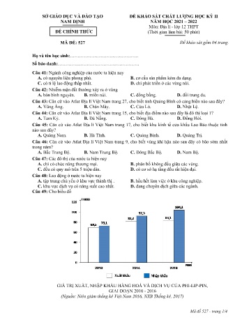 Đề thi khảo sát chất lượng học kì 2 Địa lí Lớp 12 - Mã đề: 527 - Năm học 2021-2022 - Sở GD&ĐT Nam Định (Có đáp án)
