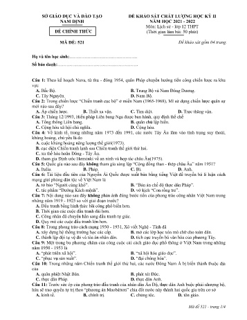 Đề thi khảo sát chất lượng học kì 2 Lịch sử Lớp 12 - Mã đề: 521 - Năm học 2021-2022 - Sở GD&ĐT Nam Định (Có đáp án) Đề thi khảo sát chất lượng học kì 2 Lịch sử Lớp 12 - Mã đề: 521 - Năm học 2021-2022 - Sở GD&ĐT Nam Định (Có đáp án)