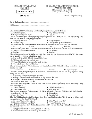 Đề thi khảo sát chất lượng học kì 2 Lịch sử Lớp 12 - Mã đề: 523 - Năm học 2021-2022 - Sở GD&ĐT Nam Định (Có đáp án) Đề thi khảo sát chất lượng học kì 2 Lịch sử Lớp 12 - Mã đề: 523 - Năm học 2021-2022 - Sở GD&ĐT Nam Định (Có đáp án)