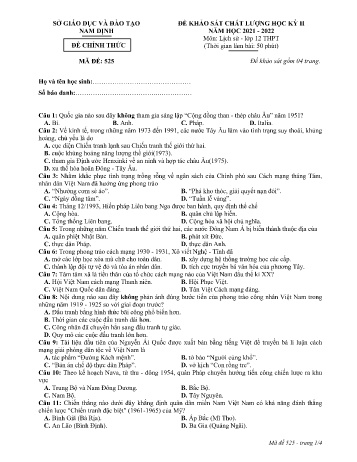 Đề thi khảo sát chất lượng học kì 2 Lịch sử Lớp 12 - Mã đề: 525 - Năm học 2021-2022 - Sở GD&ĐT Nam Định (Có đáp án)