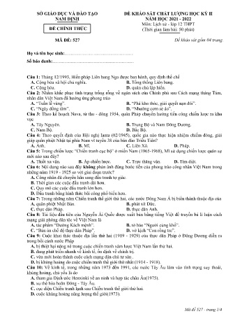 Đề thi khảo sát chất lượng học kì 2 Lịch sử Lớp 12 - Mã đề: 527 - Năm học 2021-2022 - Sở GD&ĐT Nam Định (Có đáp án)