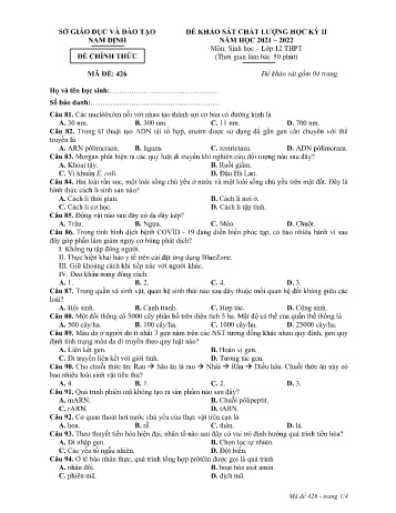 Đề thi khảo sát chất lượng học kì 2 Sinh học Lớp 12 - Mã đề: 426 - Năm học 2021-2022 - Sở GD&ĐT Nam Định (Có đáp án)