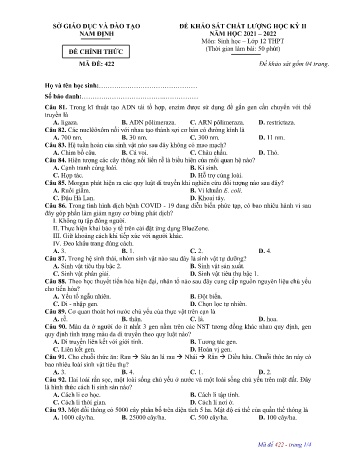 Đề thi khảo sát chất lượng học kì 2 Sinh học Lớp 12 - Mã đề: 422 - Năm học 2021-2022 - Sở GD&ĐT Nam Định (Có đáp án)