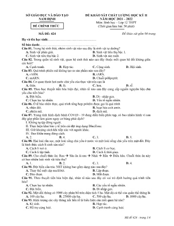 Đề thi khảo sát chất lượng học kì 2 Sinh học Lớp 12 - Mã đề: 424 - Năm học 2021-2022 - Sở GD&ĐT Nam Định (Có đáp án)
