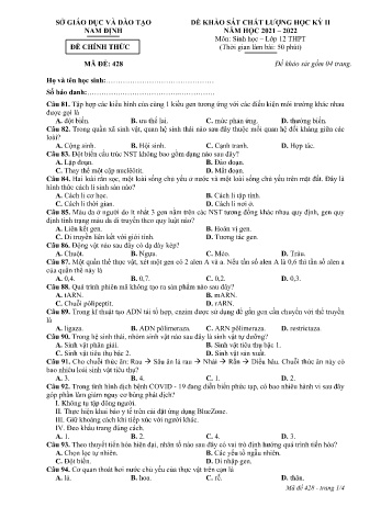 Đề thi khảo sát chất lượng học kì 2 Sinh học Lớp 12 - Mã đề: 428 - Năm học 2021-2022 - Sở GD&ĐT Nam Định (Có đáp án)