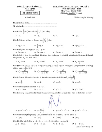 Đề thi khảo sát chất lượng học kì 2 Toán Lớp 12 - Mã đề: 222 - Năm học 2021-2022 - Sở GD&ĐT Nam Định (Có đáp án)