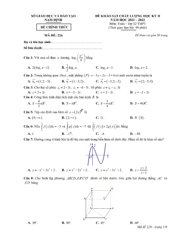 Đề thi khảo sát chất lượng học kì 2 Toán Lớp 12 - Mã đề: 226 - Năm học 2021-2022 - Sở GD&ĐT Nam Định (Có đáp án)