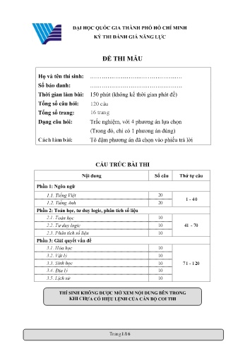 Đề thi mẫu kì thi Đánh giá năng lực - Trường Đại học Quốc Gia TP. HCM