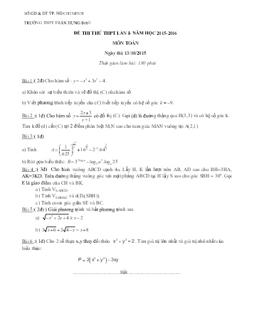 Đề thi thử THPT môn Toán (Lần 1) - Năm học 2015-2016 - Trường THPT Trần Hưng Đạo (Có đáp án)