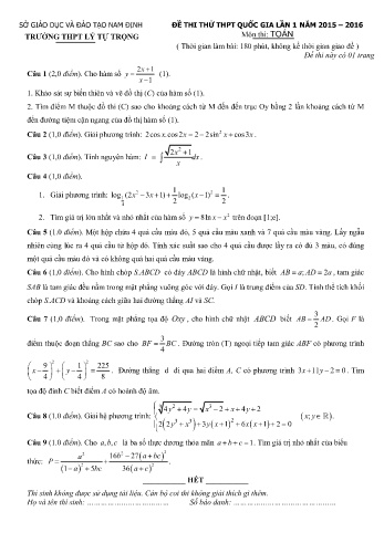 Đề thi thử THPT Quốc gia môn Toán (Lần 1) - Năm học 2015-2016 - Trường THPT Lý Tự Trọng (Có đáp án)