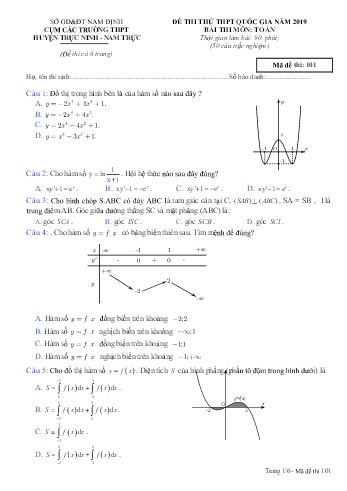 Đề thi thử THPT Quốc gia môn Toán - Mã đề: 101 - Năm học 2019