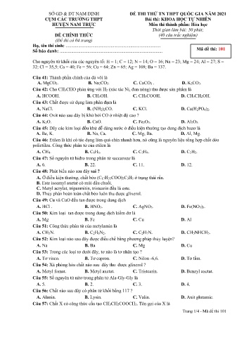 Đề thi thử Tốt nghiệp THPT môn Khoa học tự nhiên - Phần: Hóa học - Mã đề: 101 - Năm học 2021 - Sở GD&ĐT cụm các trường huyện Nam Trực