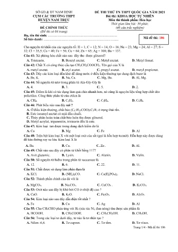 Đề thi thử Tốt nghiệp THPT môn Khoa học tự nhiên - Phần: Hóa học - Mã đề: 106 - Năm học 2021 - Sở GD&ĐT cụm các trường huyện Nam Trực