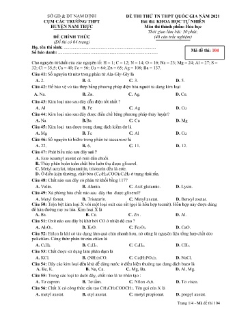 Đề thi thử Tốt nghiệp THPT môn Khoa học tự nhiên - Phần: Hóa học - Mã đề: 104 - Năm học 2021 - Sở GD&ĐT cụm các trường huyện Nam Trực